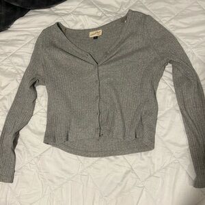 Gray Ribbed Button Up Cropped Long Sleeve